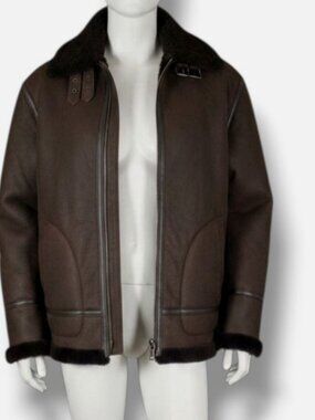 Wolfie Furs Men's Brown Long Sleeve Fur Trim Vintage Leather Jacket Size 48